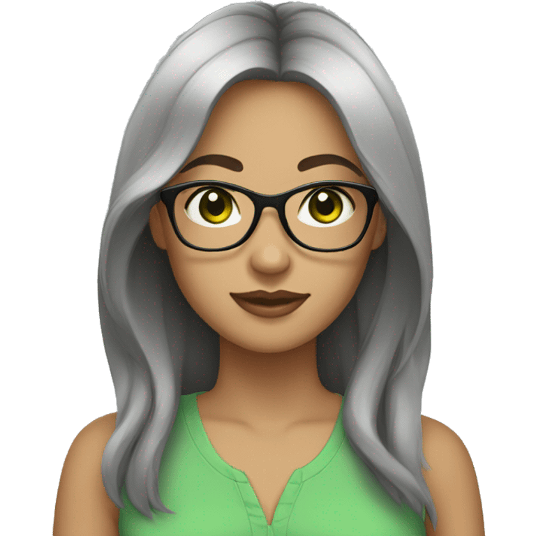 a woman wearing glasses, black hair, green eyes and light skin emoji