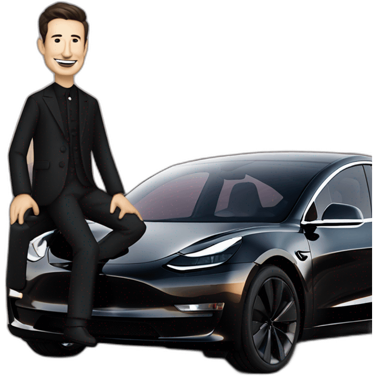 small Nikola Tesla plus small Elon Musk riding an all black Tesla Model 3, smilling, side view emoji