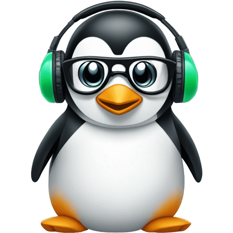 Design an emoji-style logo for “TuxByte” with a sleek penguin, techy glasses or headphones, and subtle circuit or data elements. Use black, white, blue, and green for a clean, modern look. emoji