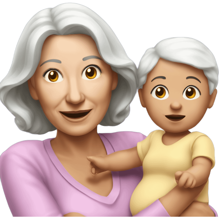 Create a 3d hyper realistic senior woman holding a cute baby girl  emoji