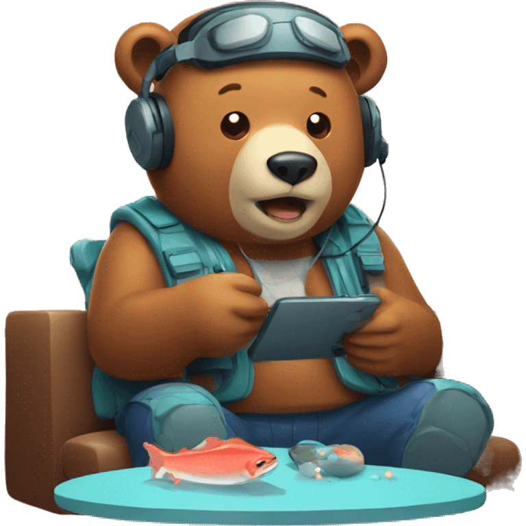 Bear wearing headset playing video game about catching salmon emoji