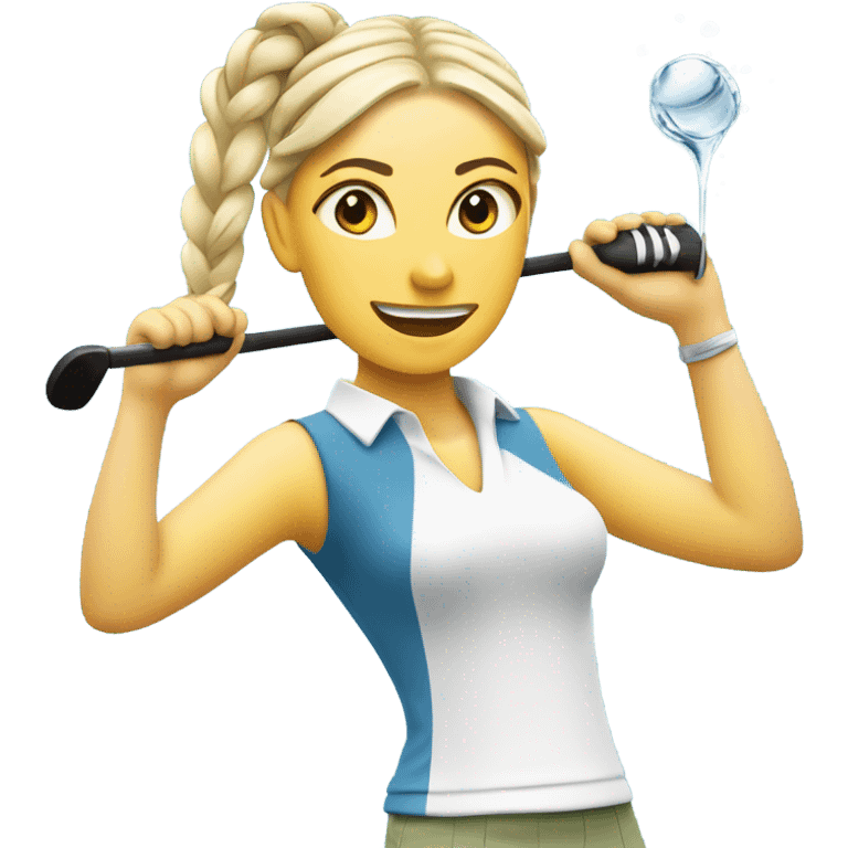 Female golfer with blonde hair and braids, swinging a driver off the tea box with water in the background emoji