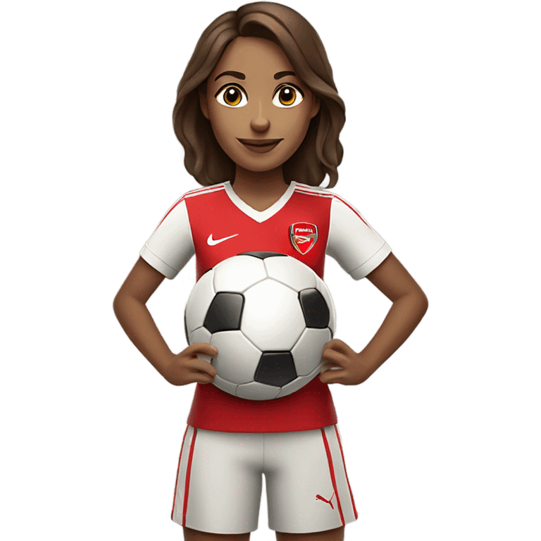 Pretty woman with medium brown hair holding a soccer ball and wearing an Arsenal jersey emoji