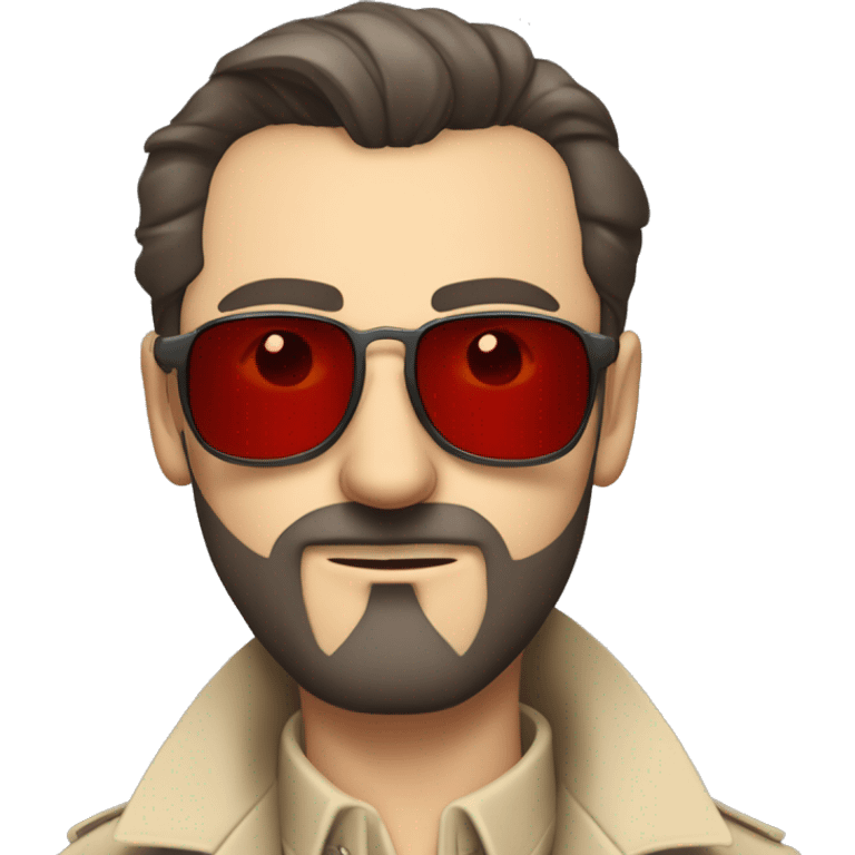 1930s investigator, a Caucasian man with short, dark hair and a rough beard, wears small red-tinted sunglasses and a dirty beige trench coat. He has a serious demeanor. emoji