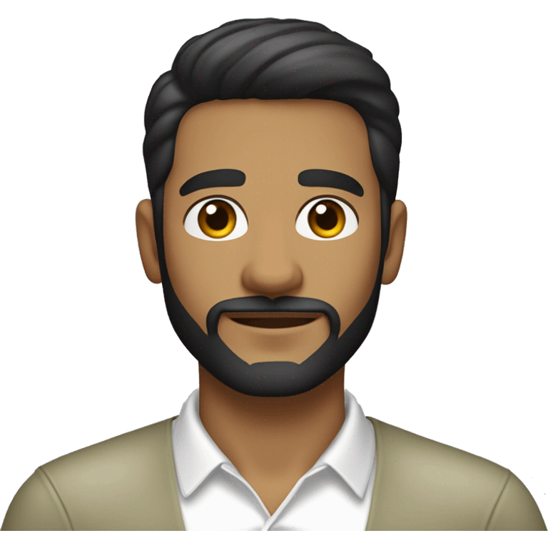 Recreate a young man with straight dark brown hair styled forward, a trimmed beard and mustache, light olive skin, and a white open-collar shirt. He wears a small earring in his left ear and has a calm, friendly expression emoji