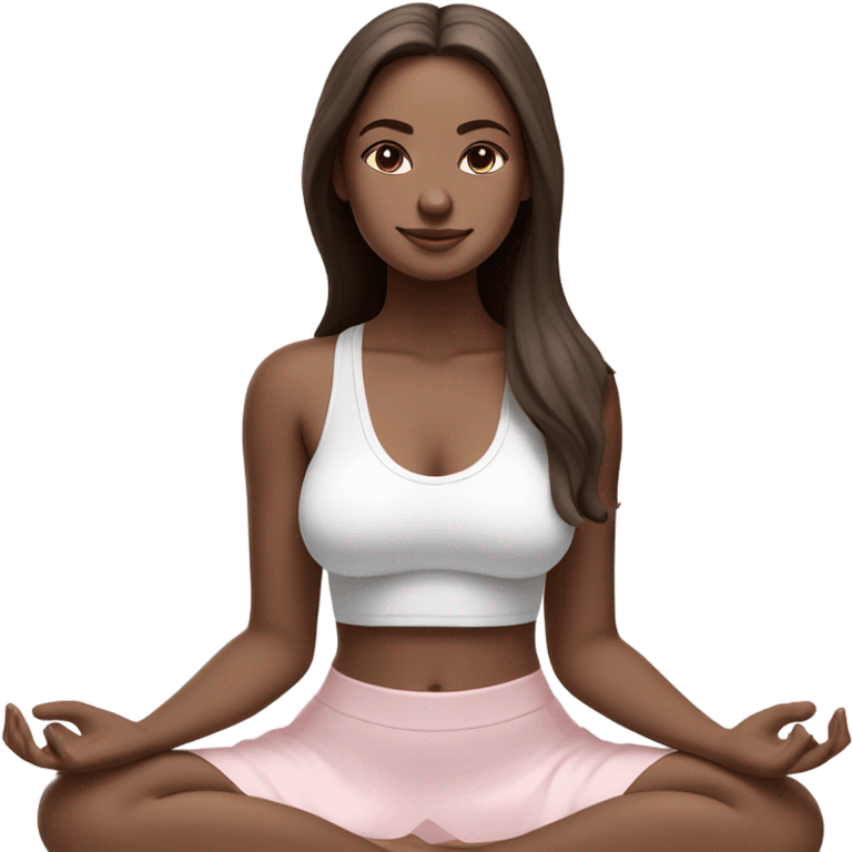 a girl with brown long hair, white skin tone with brown eyes, meditates in a relaxed lotus position in a comfortable monochrome white bra top and monochrome pink short skirt emoji