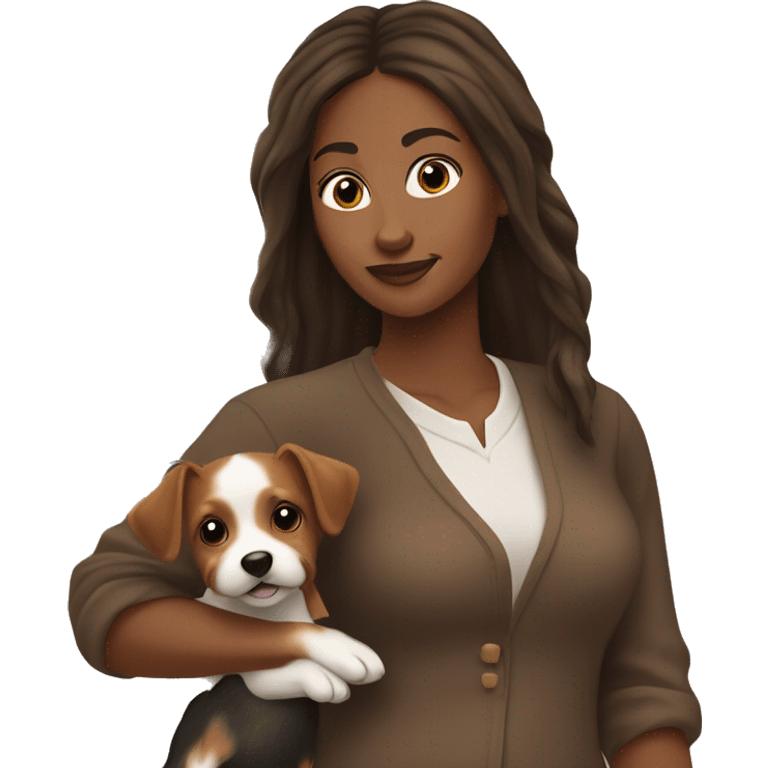 Long haired black woman holding a brown jack Russell terrier ￼ emoji