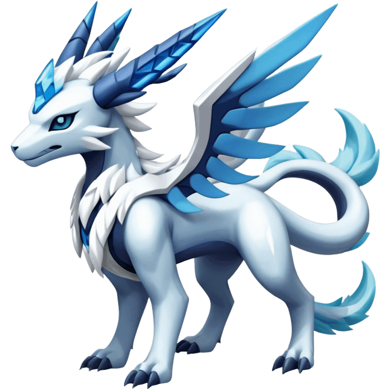 Futuristic Kyurem-reshiram-Glaceon-dialga-suicune-hybrid, full body emoji