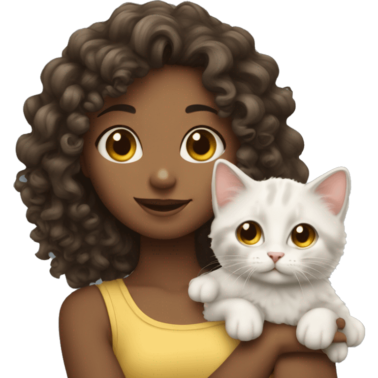 curly haired girl with kitten emoji