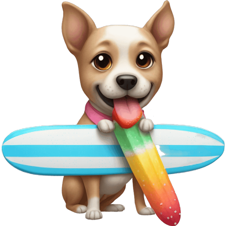 A dog wearing a tutu on a surfboard eating a popsicle ￼ emoji