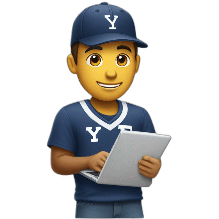 guy wearing a baseball cap, holding a yale soccer and thinkpad emoji