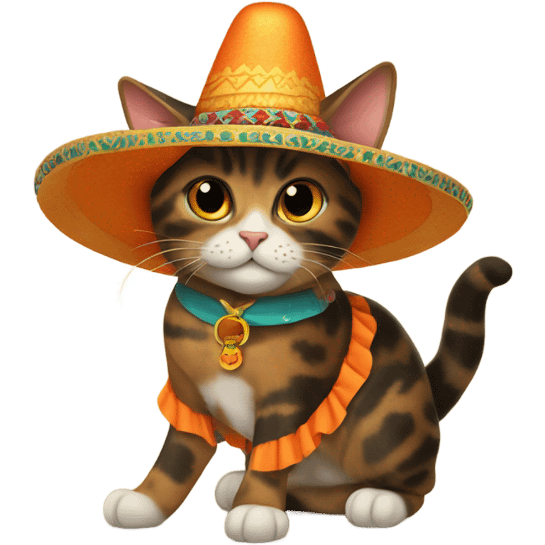 Tortoiseshell cat with orange collar wearing a sombrero hat emoji