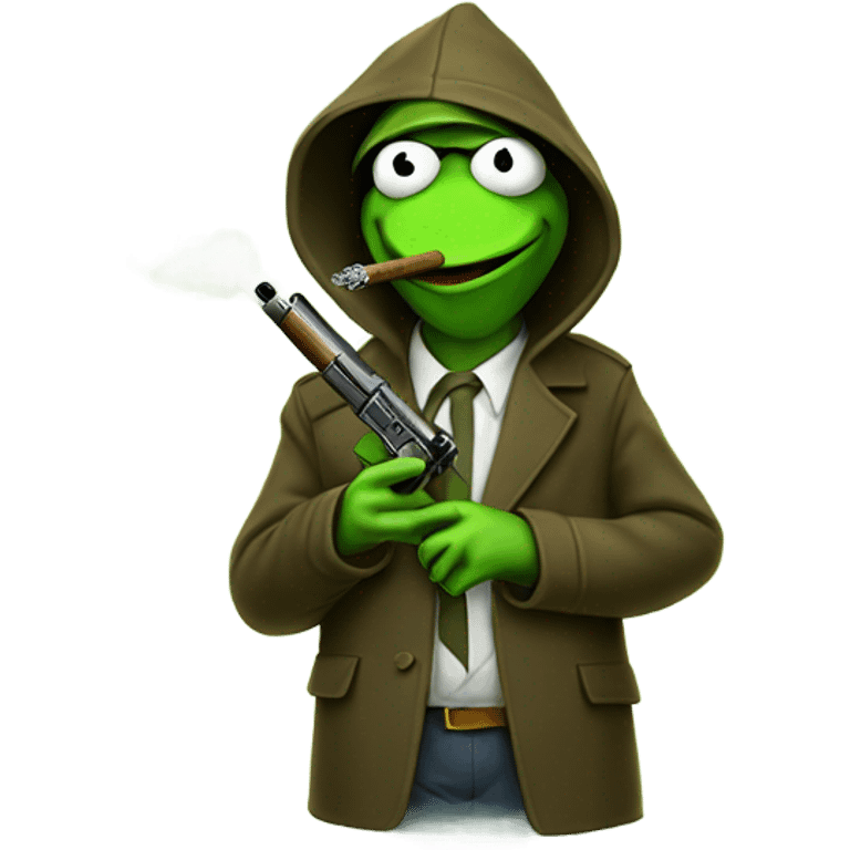 Hooded Kermit the frog with a gun smoking cigar  emoji