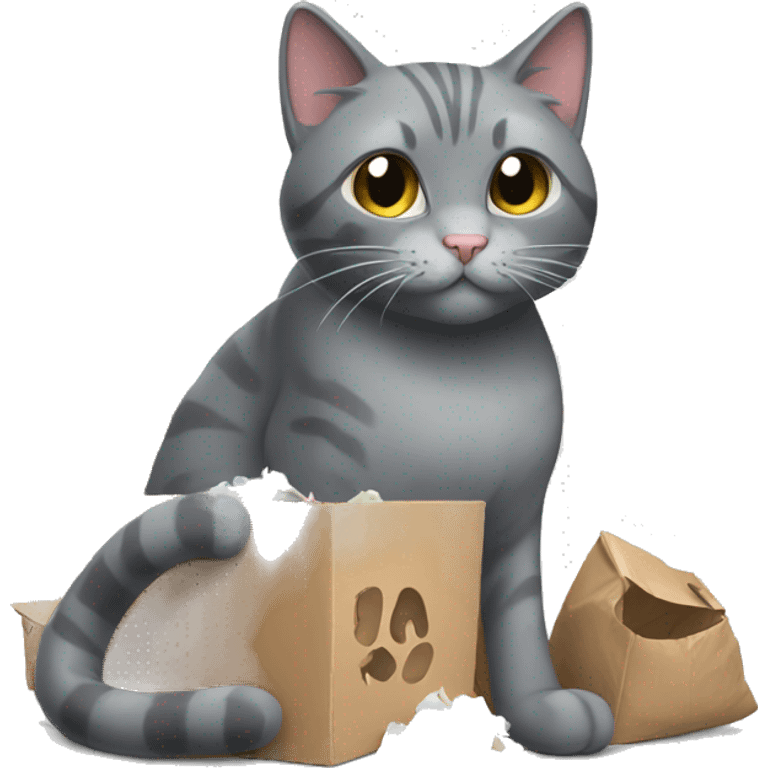 gray cat playing with trash emoji