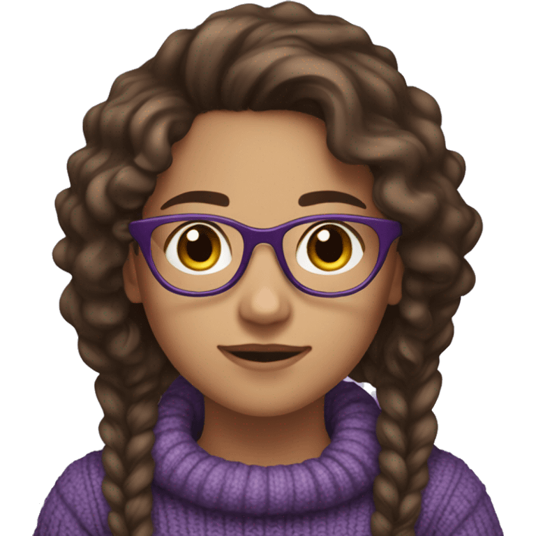 young girl, young hispanic, brown hair, long curly brown hair, brown eyes, purple winter sweater, glasses emoji