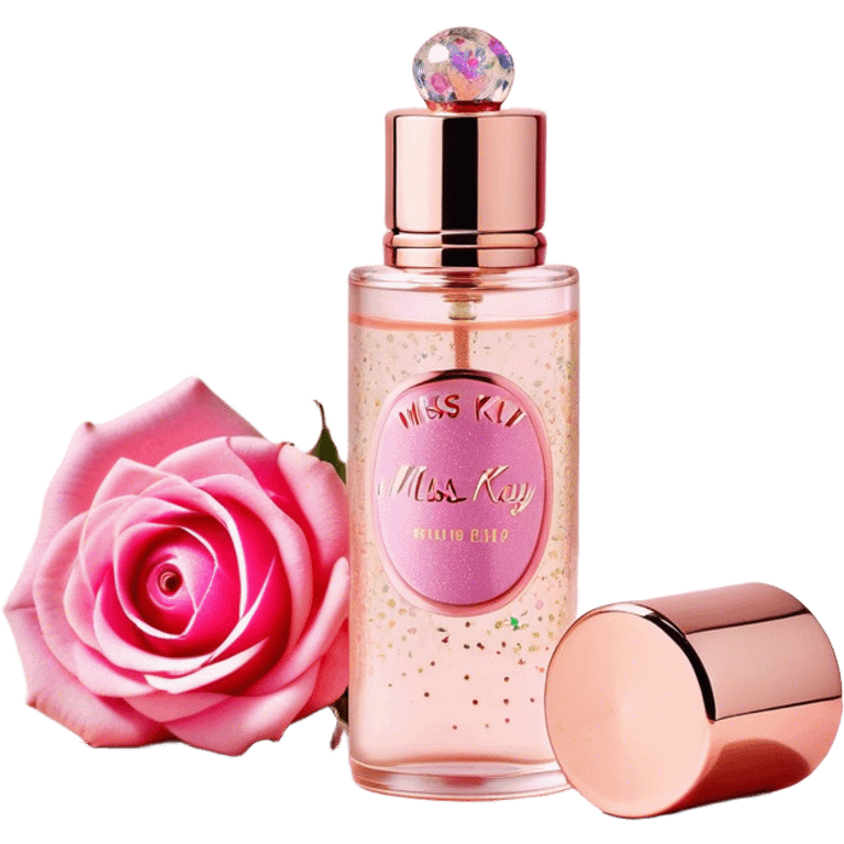 A **slim, cylindrical perfume bottle** with a **transparent glass body**, a **rose gold metallic cap**, and a **pink label decorated with colorful sprinkles**. The label features the brand name "MISS KAY" and the fragrance name "CUTIE PIE." The design is **playful, feminine, and compact**, ideal for carrying on the go. emoji