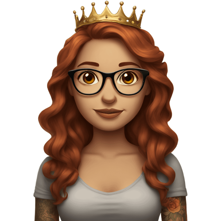 Beautiful girl, long auburn hair, tattoos, glasses and a crown emoji