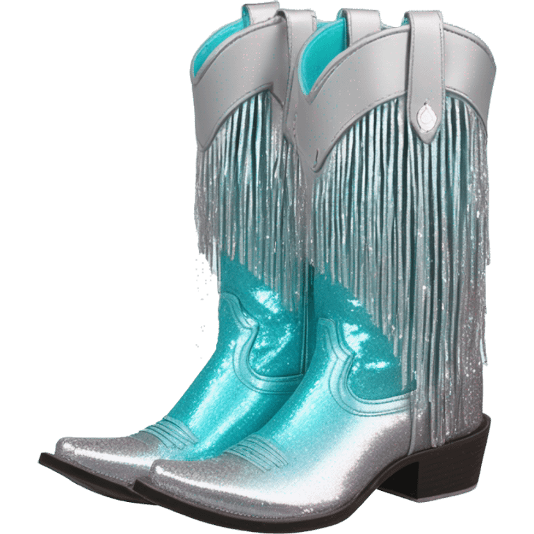 Realistic silver and robins egg blue ombre pair of fashion cowgirl boots with sparkly shiny glitter fringe on them. emoji