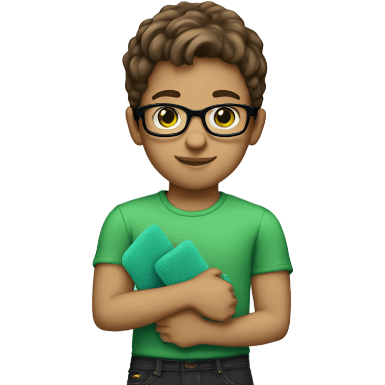 Little boy, brown hair, green eyes, light tan skin, glasses, blue shirt, black jeans, holding a sponge emoji