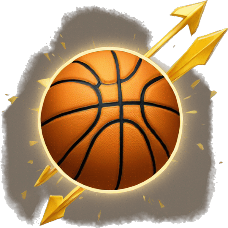 a basketball with a thin  long arrow in gold color hitting in the middle of it emoji