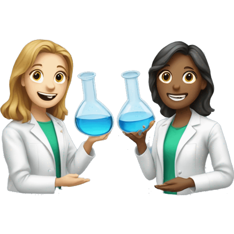  two scientists girls holding one clear glass chemistry emoji