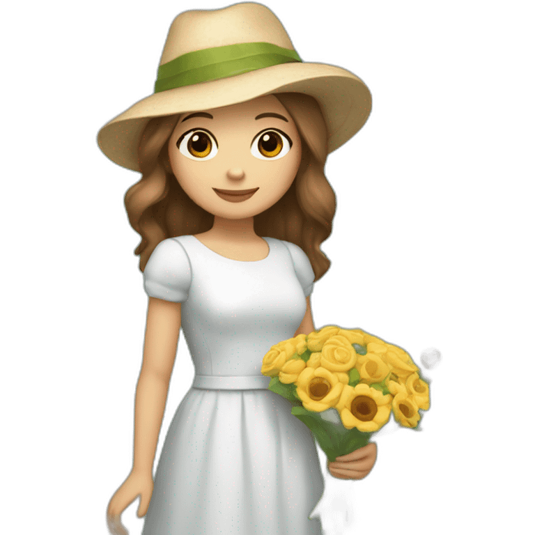 white skin, Girl with a hat, brown hair straight to the shoulders, holding a bouquet of flowers emoji