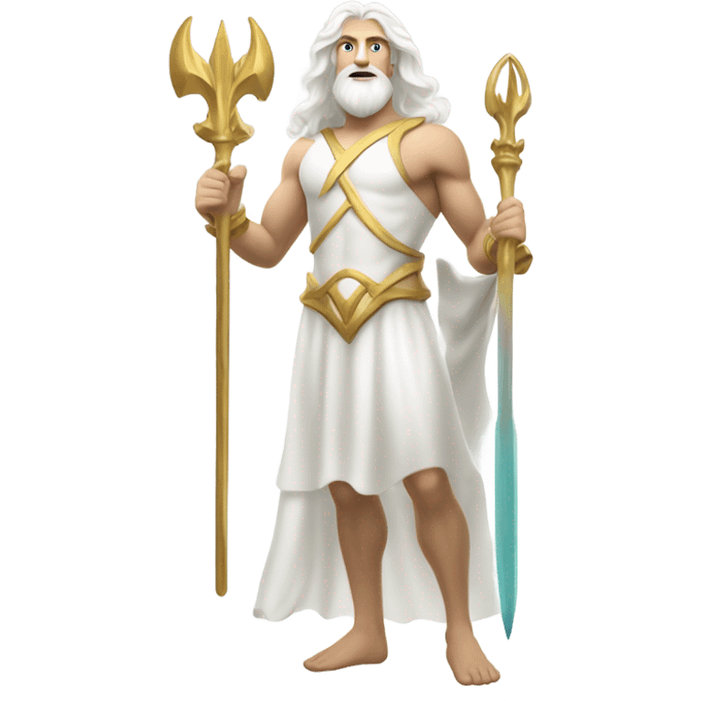 white man Poseidon with gold Trident. long white hair white dress.  with tools emoji