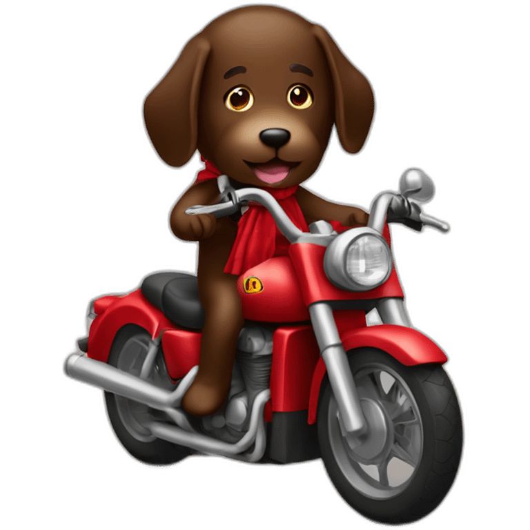 A chocolate brown doodle wearing a red and black handkerchief riding a motorcycle emoji