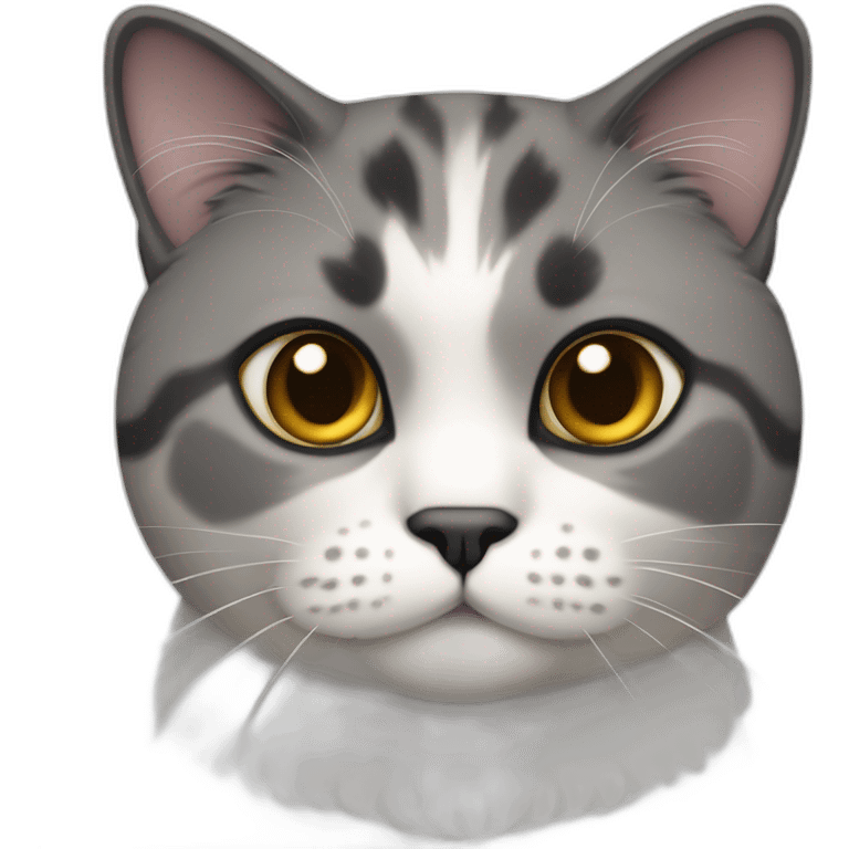 senior chubby diluted calico cat, grey bottom-chin, black nose, grey ears, grey and white emoji