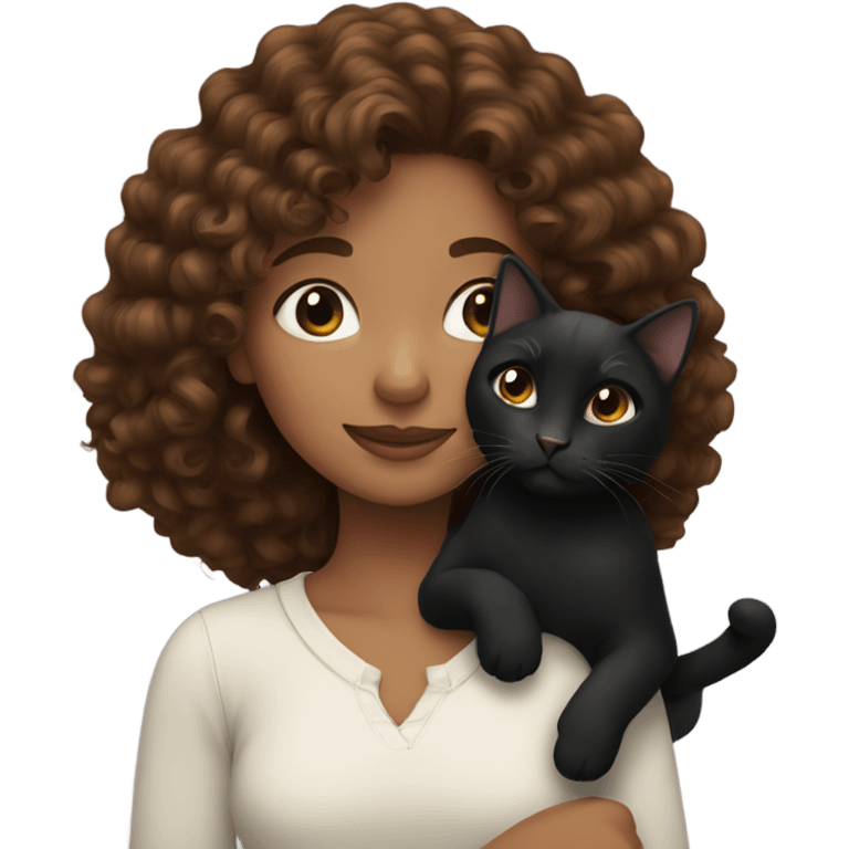 Girl with brown curly hair holding a black cat emoji