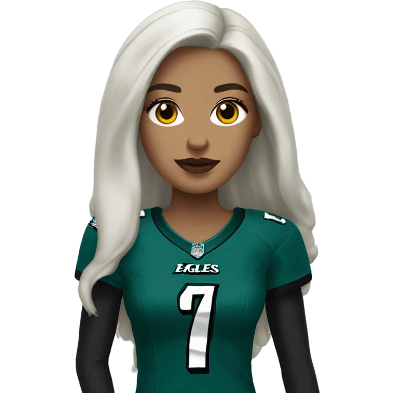 White female long dark hair red lips wearing Philadelphia Eagles jersey emoji