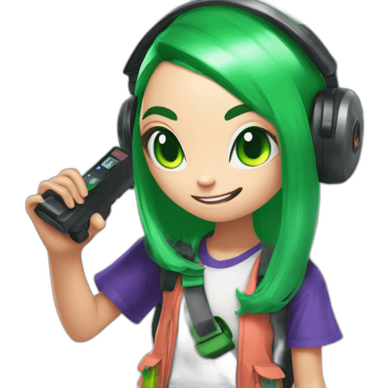 inkling from splatoon with earsphone and green hair and inkgun emoji