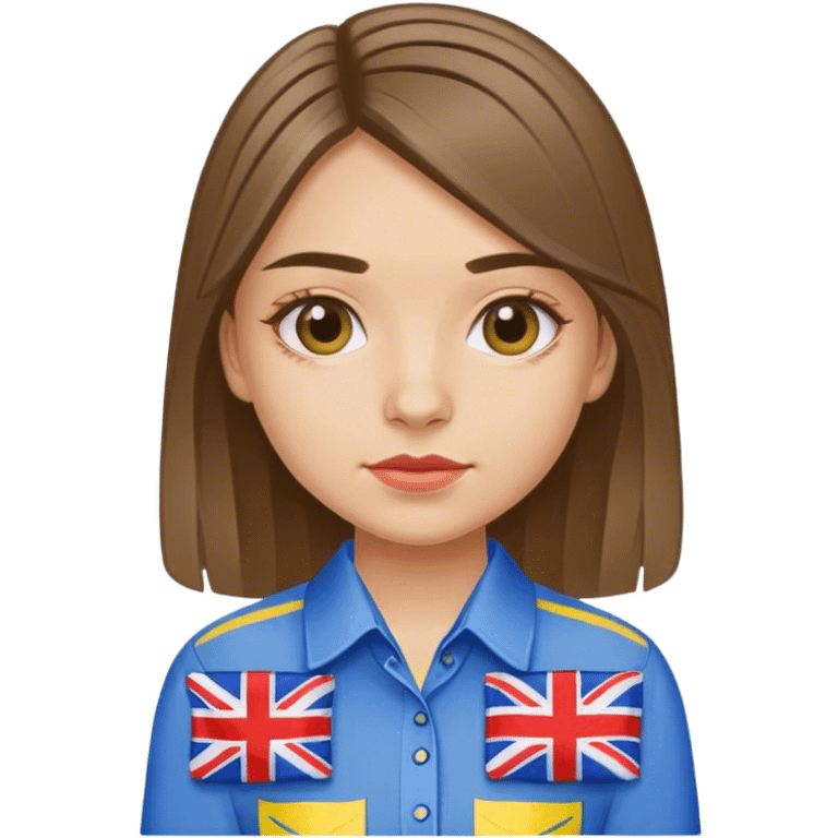 A Ukrainian girl wearing an embroidered shirt and a British flag emoji