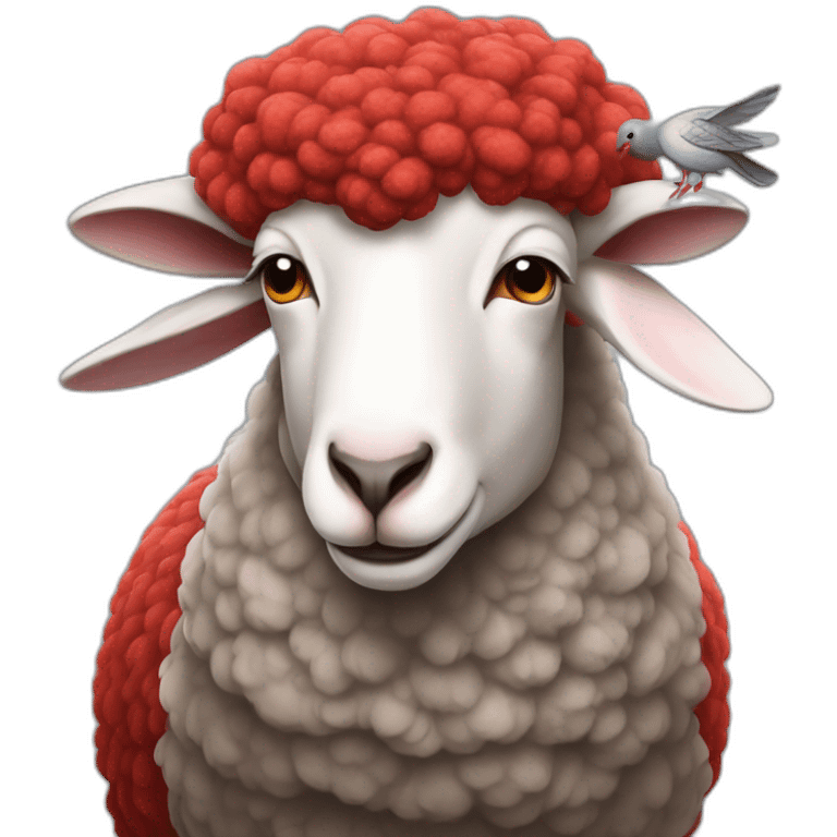 A red sheep with a pigeon on his head  emoji