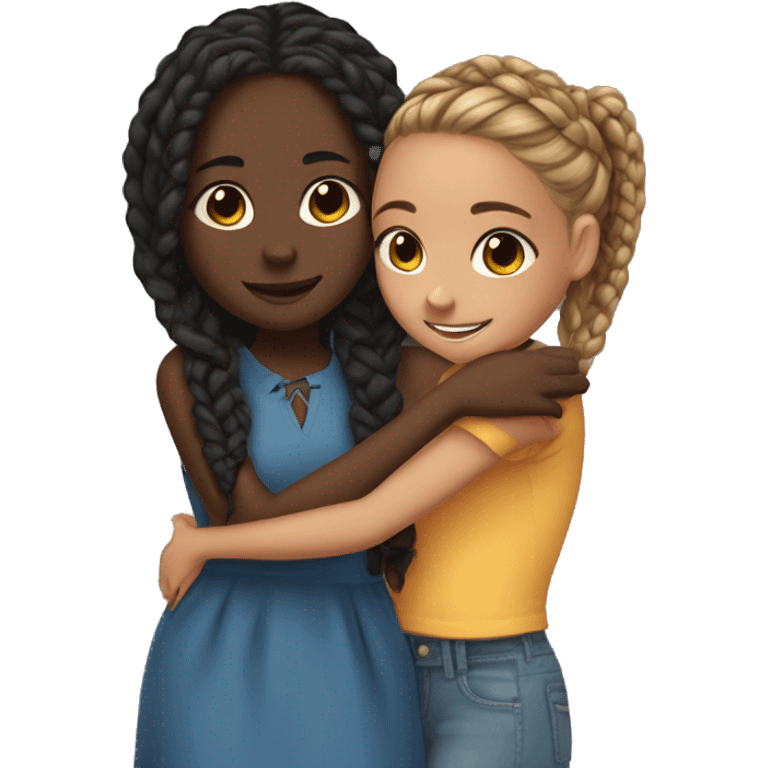 One girl with dark skin and box braids hugging another girl that has darker skin but is shorter emoji