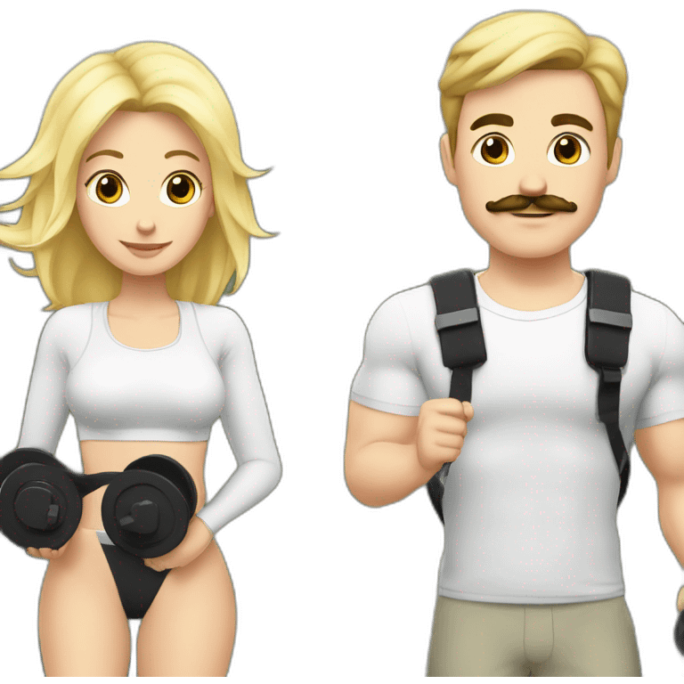 A White guy with black hair and a mustache going to the gym with a blonde girl emoji