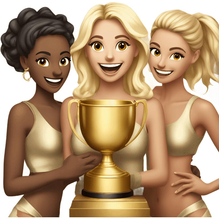 Six beautiful and stylish blonde and Latina models celebrating with 1 huge gold trophy emoji