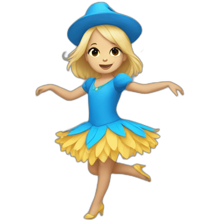 little blonde girl dancing in a blue bird costume emoji