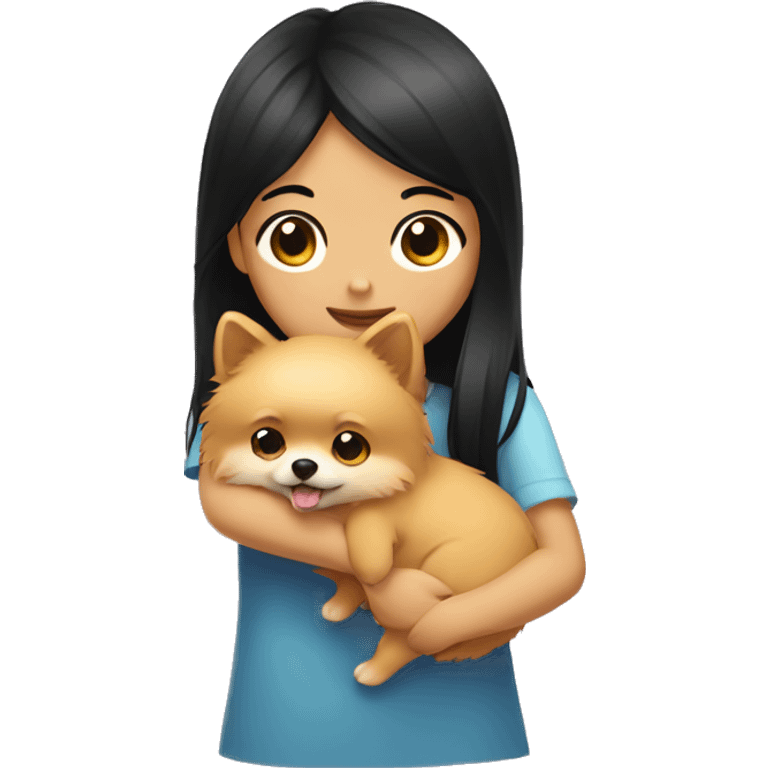 Girl hugging pomeranian. The girl has black hair. emoji