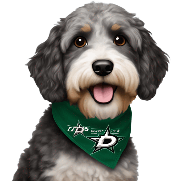 Aussiedoodle wearing a neck bandana with the NHL Dallas Stars hockey team logo emoji