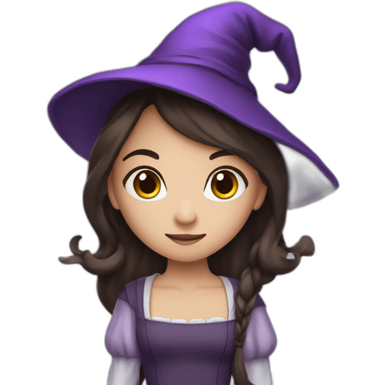 a young white brown thin girl with straight dark hair dressed as a purple witch emoji