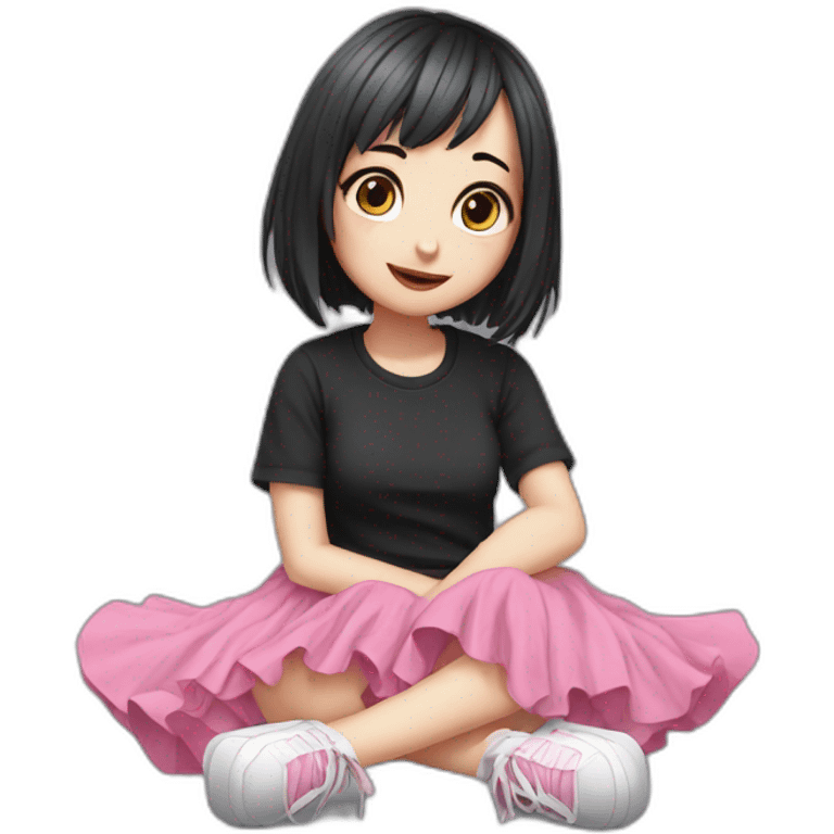 full body Front view emo girl sits on the floor black skirt pink knickers emoji