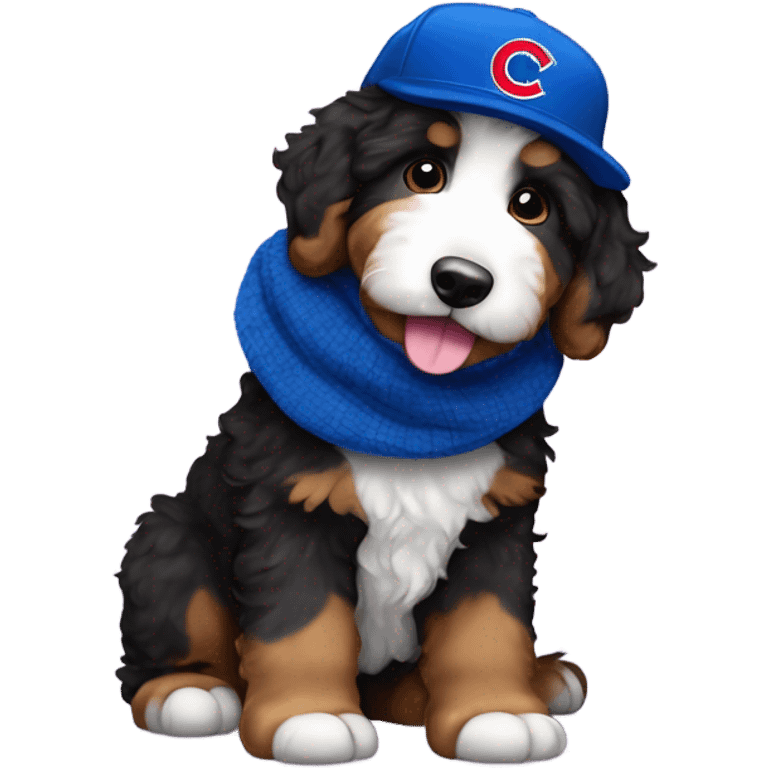 Bernedoodle with chicago cubs hat and scarf emoji