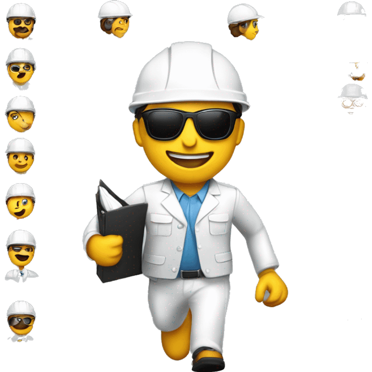 Indian Engineer emoji with suit and hard hat white holding folder smiling and running and shades and safety jacket emoji