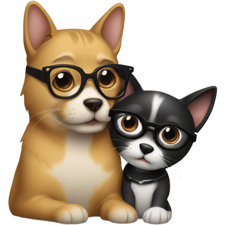 a cat in black glasses hugs a dog in black glasses emoji