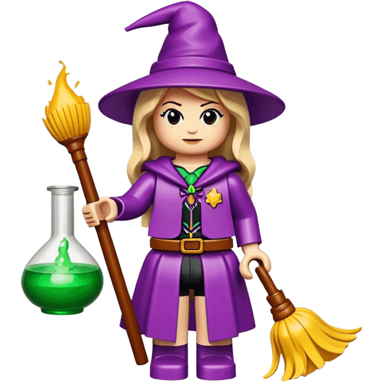 A lego girl with  potion and a broom emoji