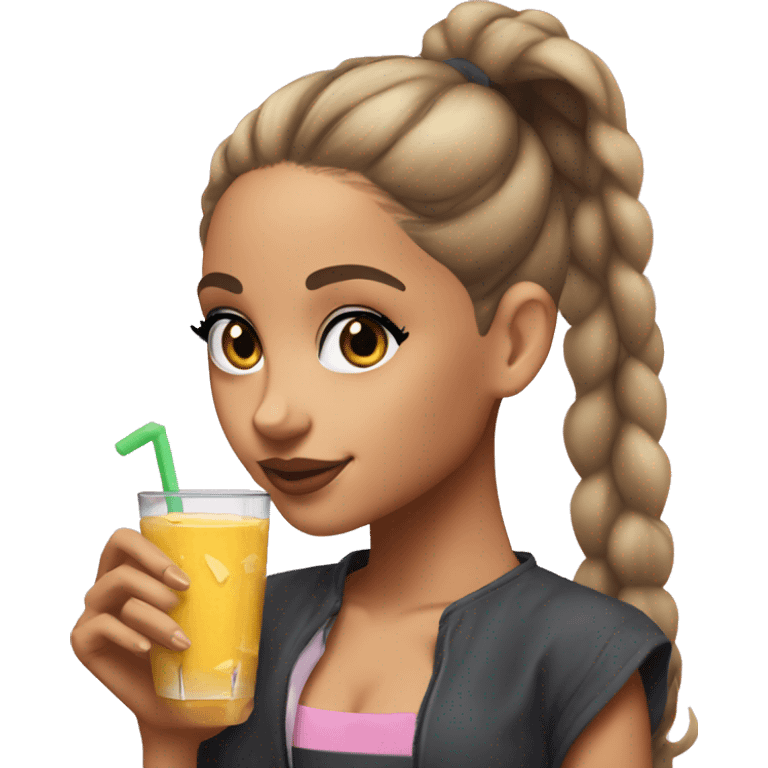 ariana grande with a high ponytail holding a glass of juice and a cookie  emoji