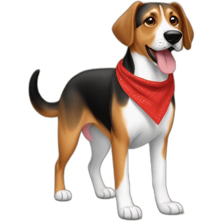 coonhound and German shepherd mix dog wearing small plain red bandana and walking left emoji