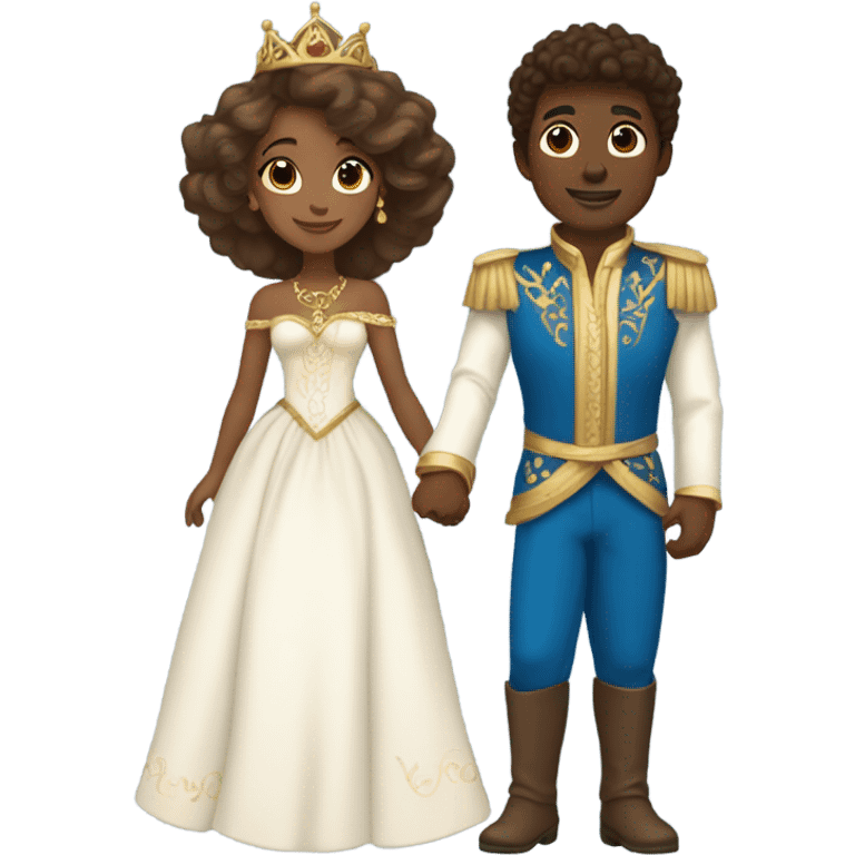 A princess with tan skin, brown hair and a long white dress with jewelry dancing with a prince that is dark skin and curly brown hair with a blue and gold outfit  emoji