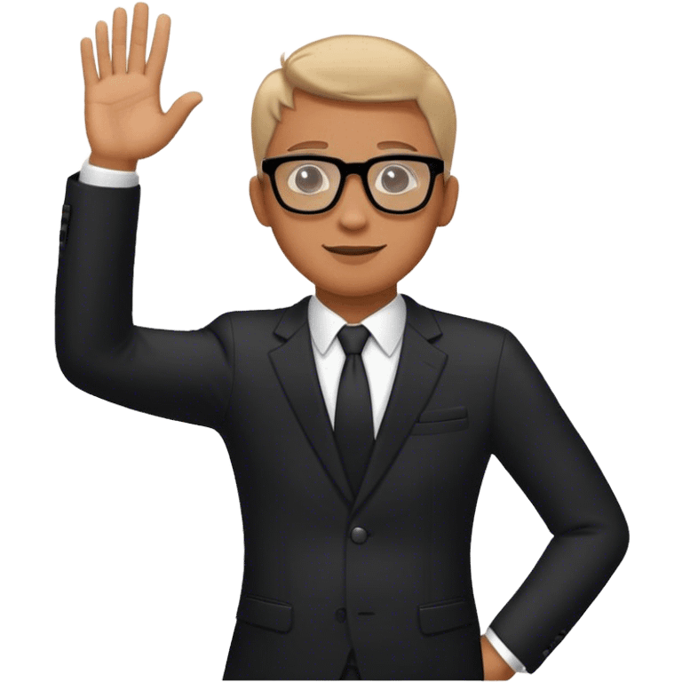 Man in black suit and glasses with his hand up emoji